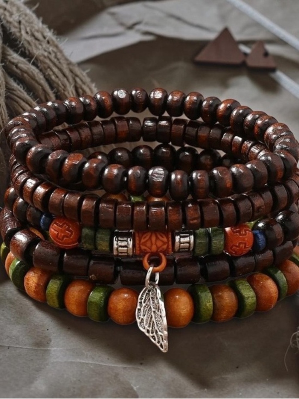 Boho Multi-Strand Wood Bead Bracelet - Brown, Green & Orange